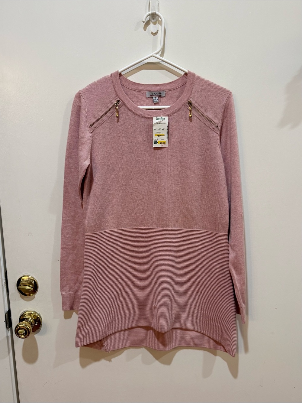 AVA Blush Pink Tunic Sweater Gold Zipper High Low Hem S NWT Dusty Rose